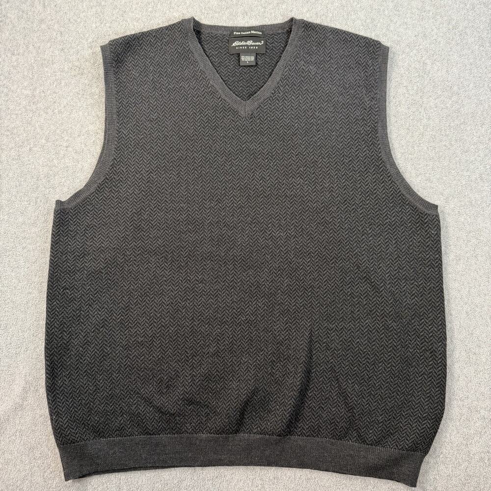 Eddie Bauer Men's Large Fine Italian Merino Wool V-Neck Sweater Vest Dark Gray
